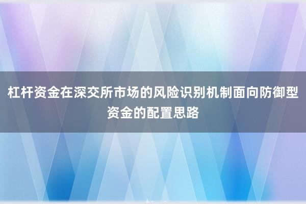 杠杆资金在深交所市场的风险识别机制面向防御型资金的配置思路